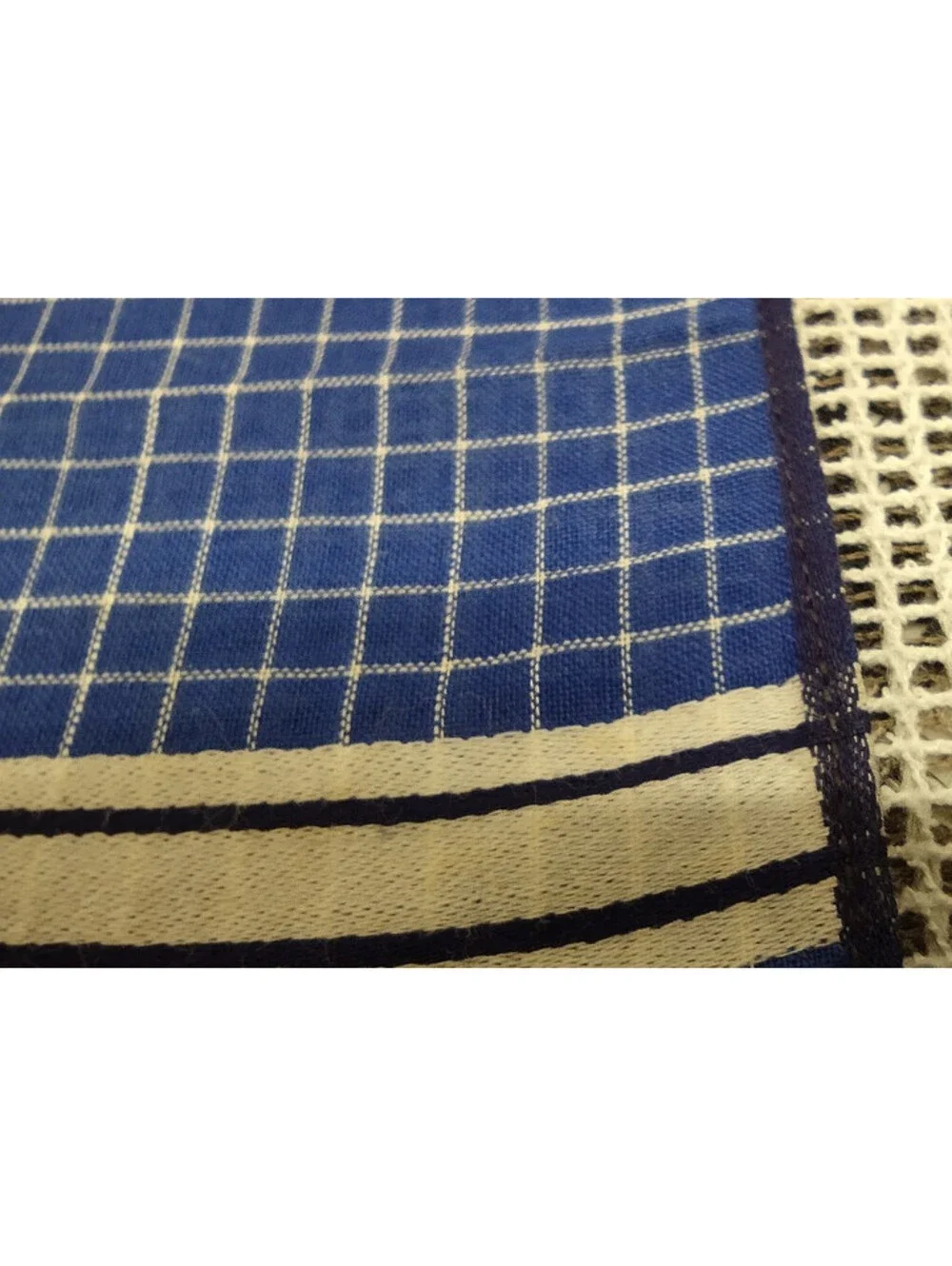 Vintage 1950s Men's Cotton Handkerchief Scarf Blue Squares Cream White Stripes